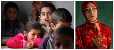 students and teacher return to school in Abu Grahib, Iraq, 4/26/03